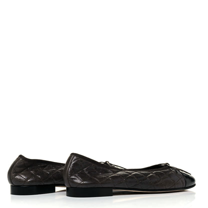 Chanel Metallic Aged Calfskin Patent Quilted CC Cap Toe Ballerina Flats 39 Dark Brown 4 of 7