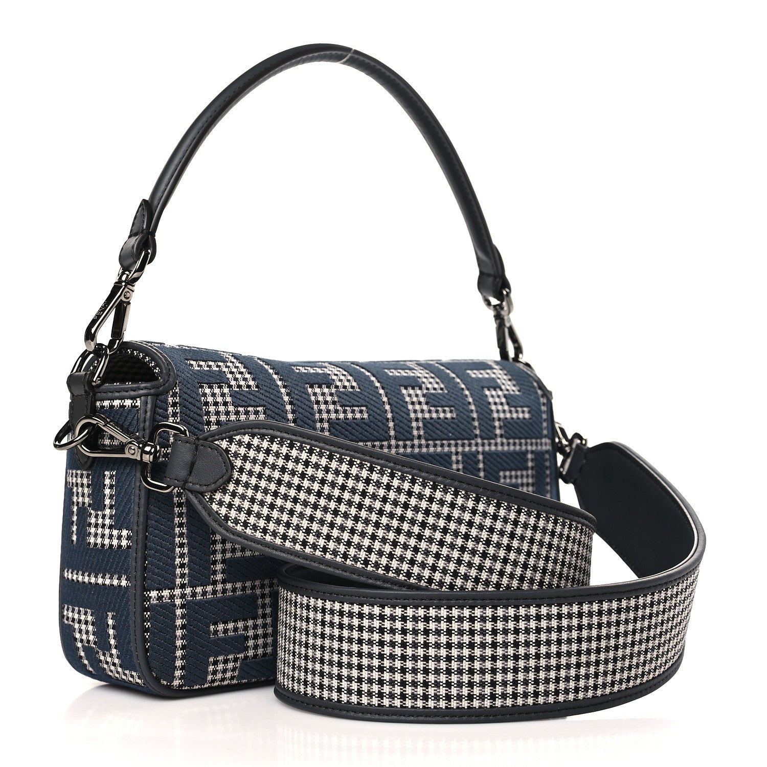 Fendi Wool Vitello King Houndstooth FF Embroidered Baguette Grigio Anthracite 3 of 9