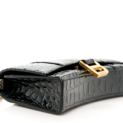 Balenciaga Shiny Calfskin Crocodile Embossed Hourglass Chain Bag Black 10 of 11