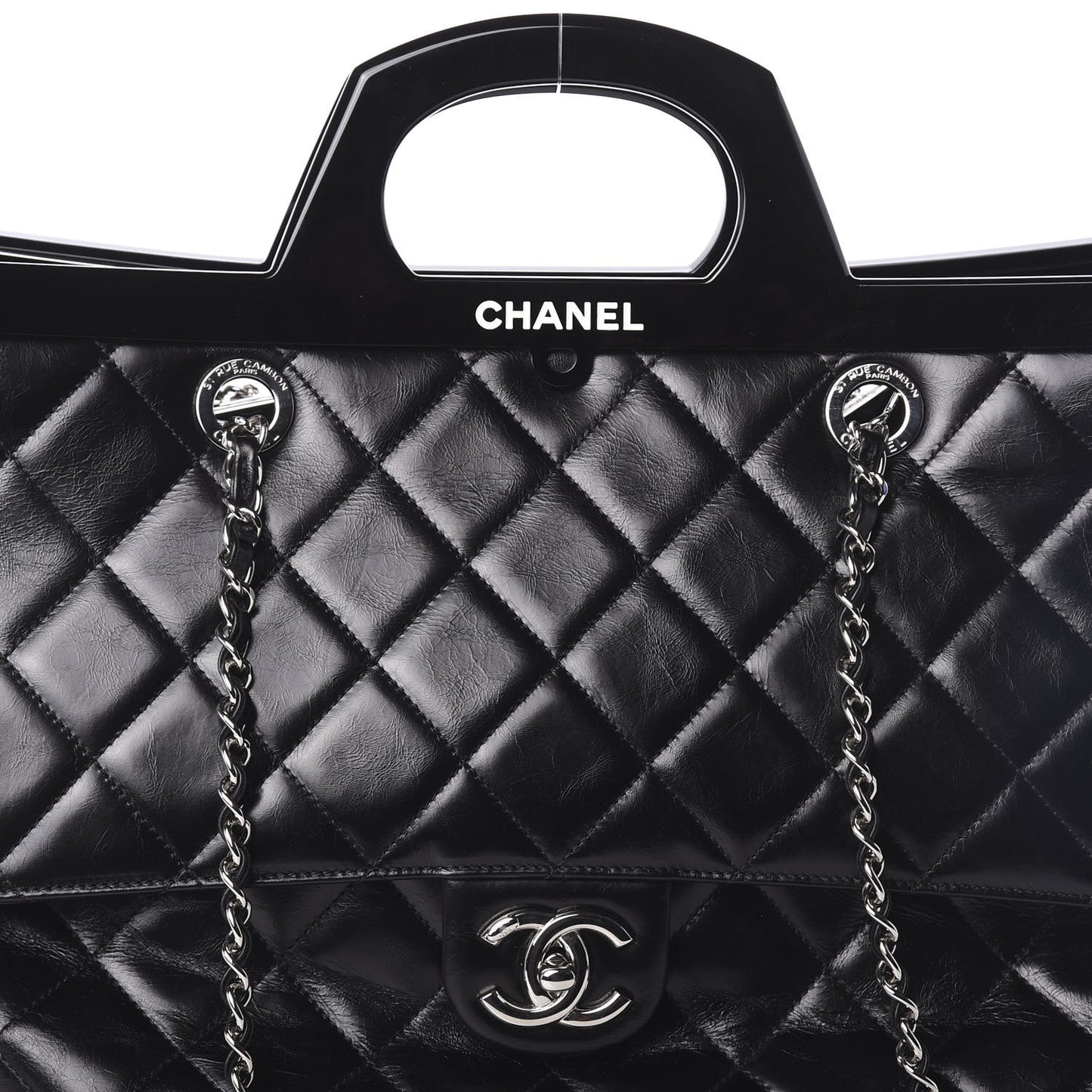 Glazed Calfskin Quilted Large CC Delivery Tote Black