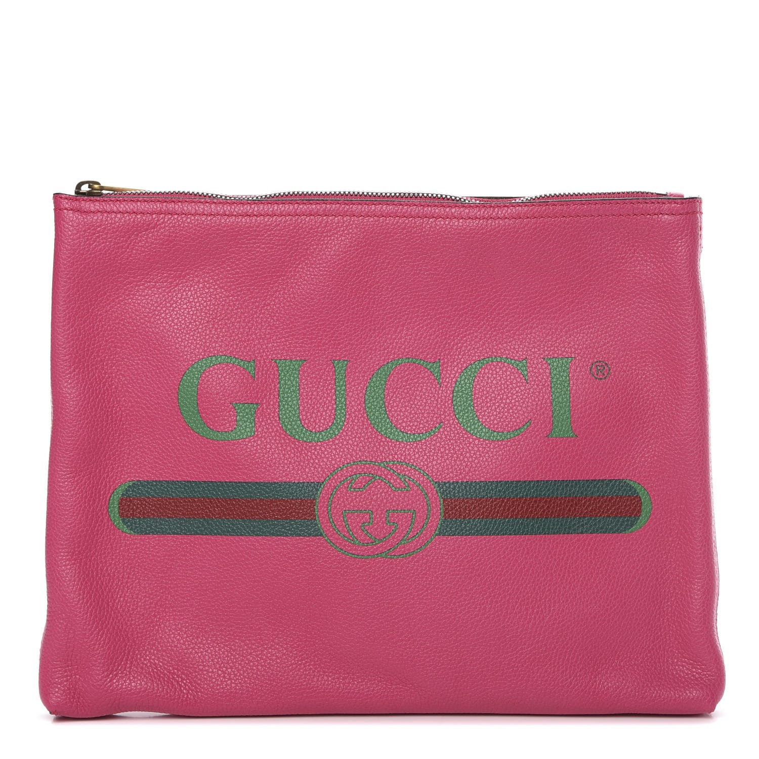 Gucci Pebbled Calfskin Medium Logo Portfolio Clutch Box Pink Green 1 of 7