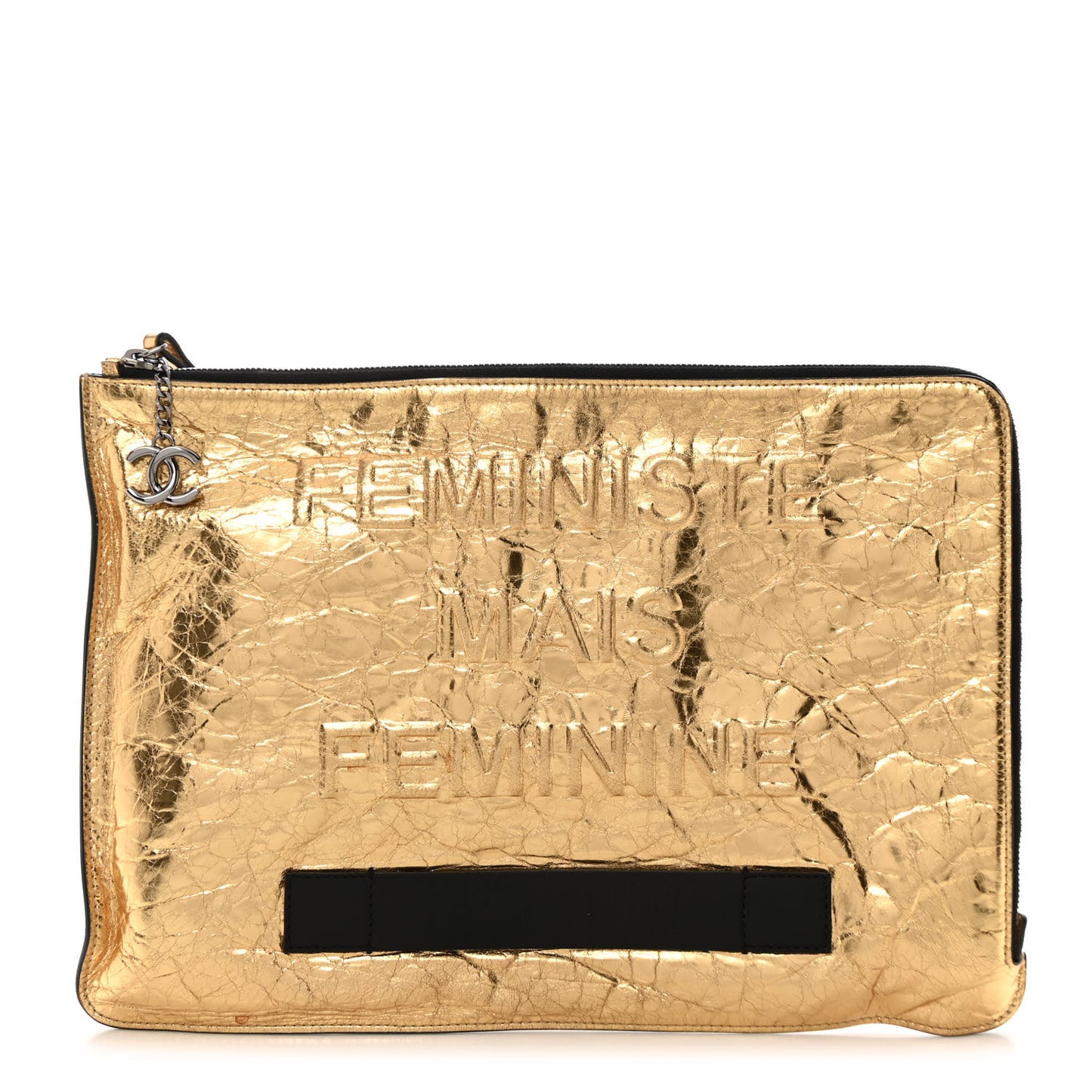 Metallic Lambskin Large Pouch Clutch Gold