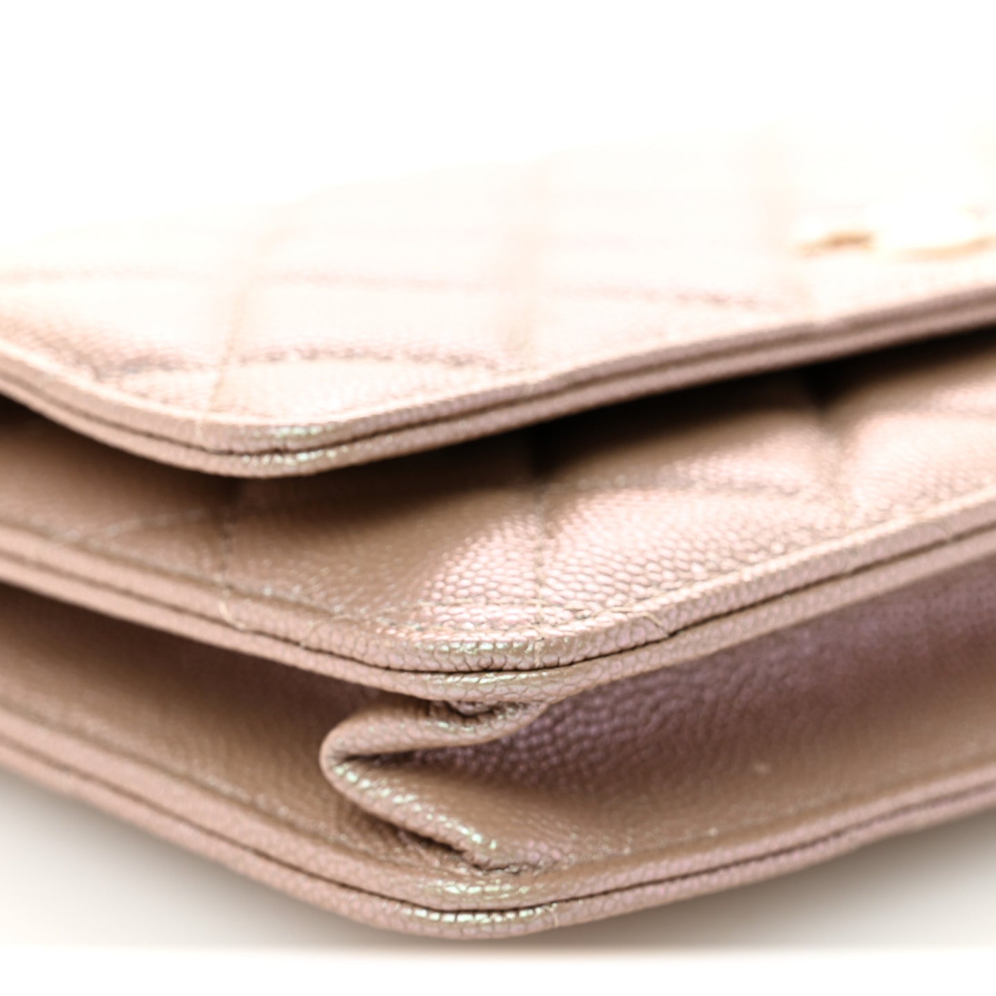Iridescent Caviar Quilted Wallet on Chain WOC Beige