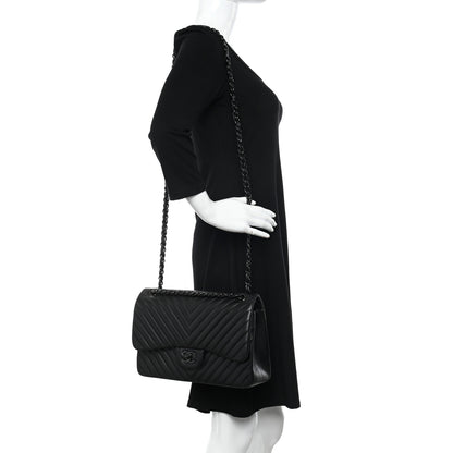 Chanel Lambskin Chevron Quilted Jumbo Double Flap So Black 2 of 15