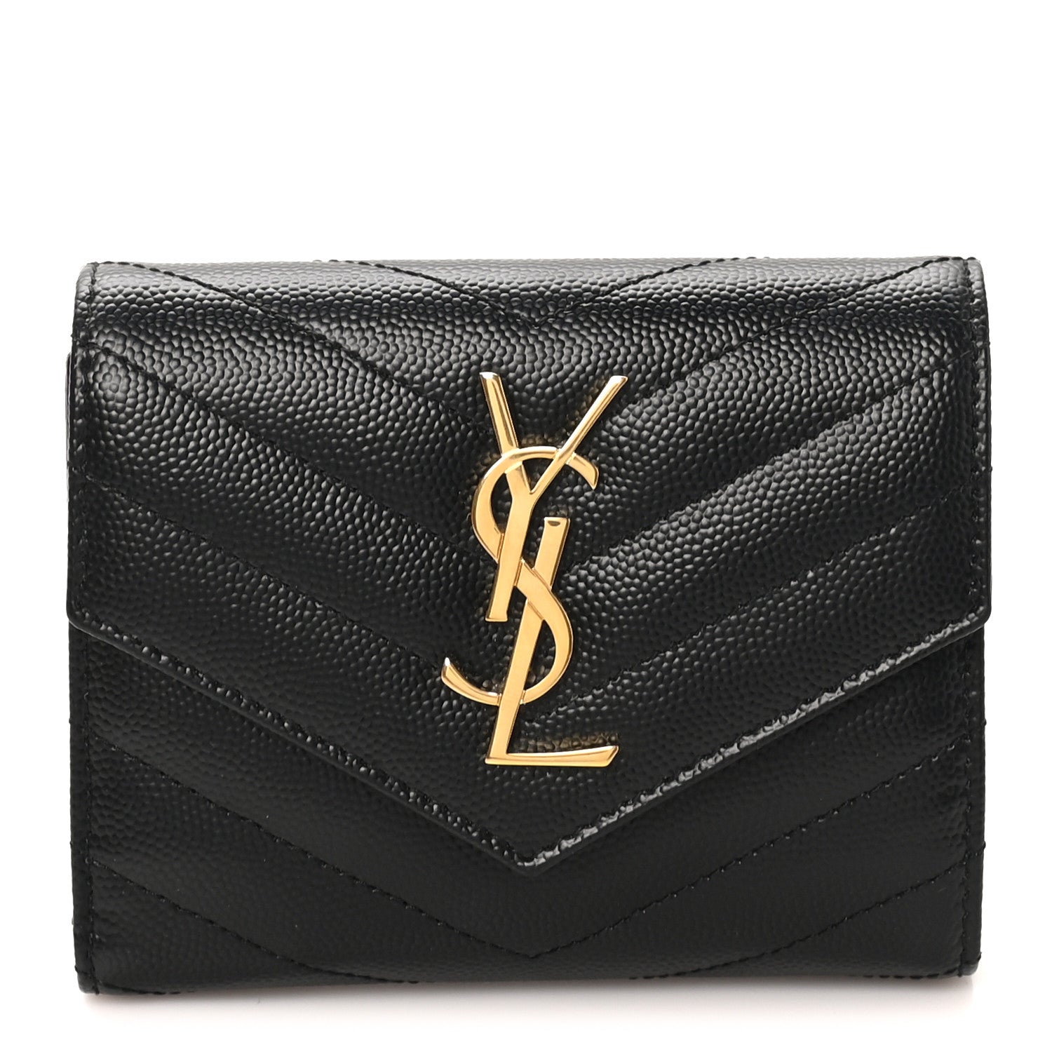 Saint Laurent Grain De Poudre Matelasse Chevron Monogram Compact Tri Fold Wallet Black 1 of 8
