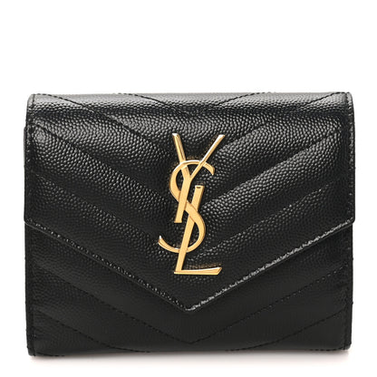 Saint Laurent Grain De Poudre Matelasse Chevron Monogram Compact Tri Fold Wallet Black 1 of 8