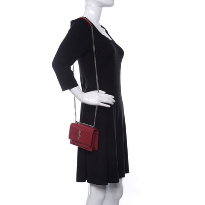 Saint Laurent Calfskin Crocodile Embossed Monogram Sunset Chain Wallet Rouge Eros 2 of 12