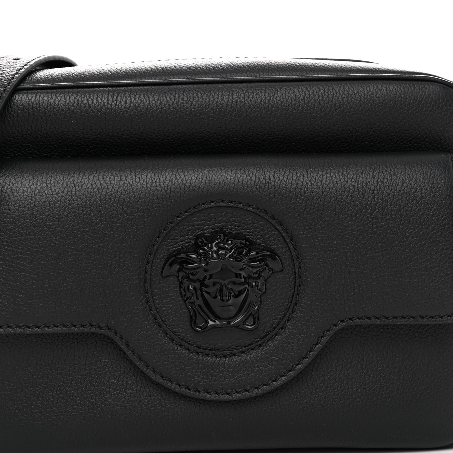 Grained Calfskin Medusa Camera Bag Black