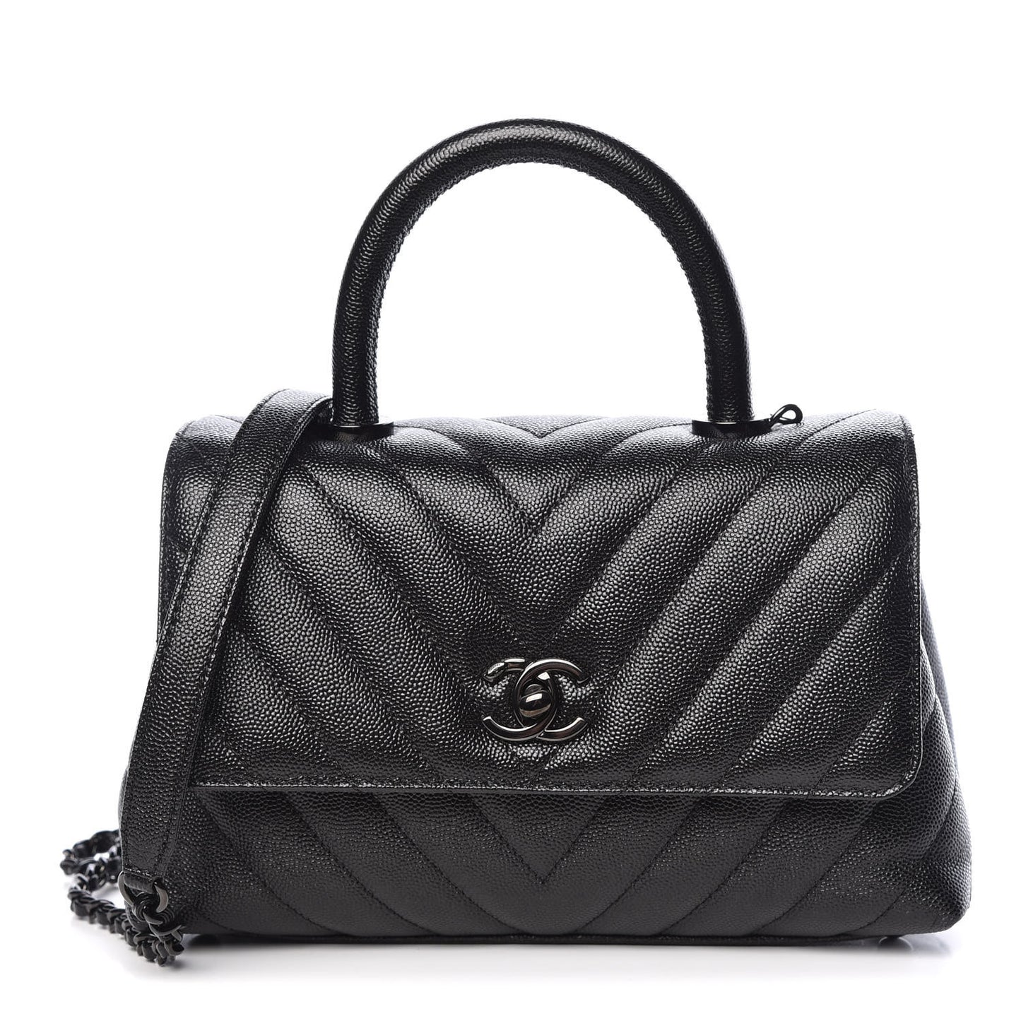 Caviar Chevron Quilted Mini Coco Handle Flap So Black