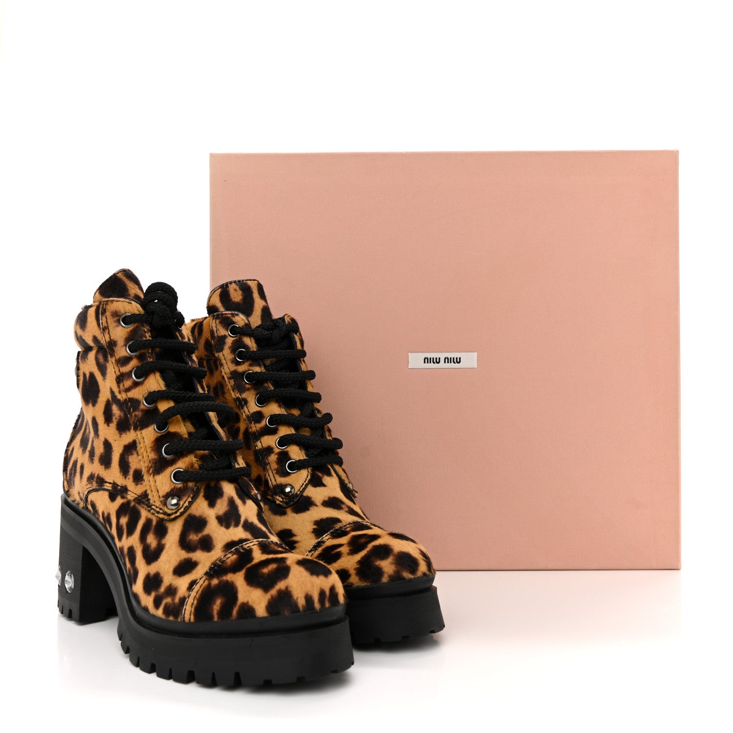 Miu Miu Cavallino Calf Hair Leopard Lace Up Boots 37.5 Miele 10 of 10