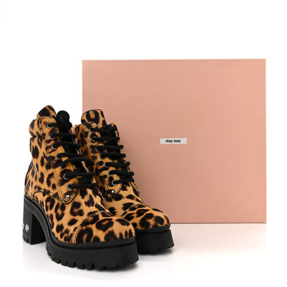 Miu Miu Cavallino Calf Hair Leopard Lace Up Boots 37.5 Miele 10 of 10