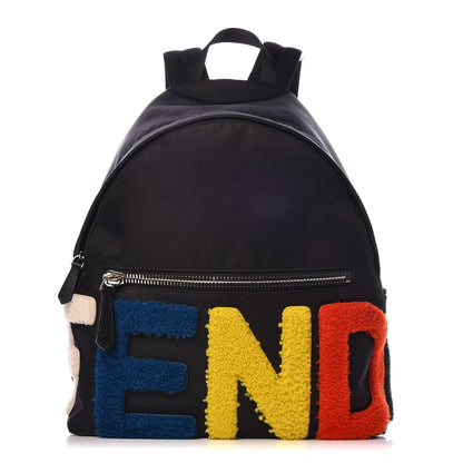 Fendi Nylon Shearling Block Letter Backpack Black 1 of 9
