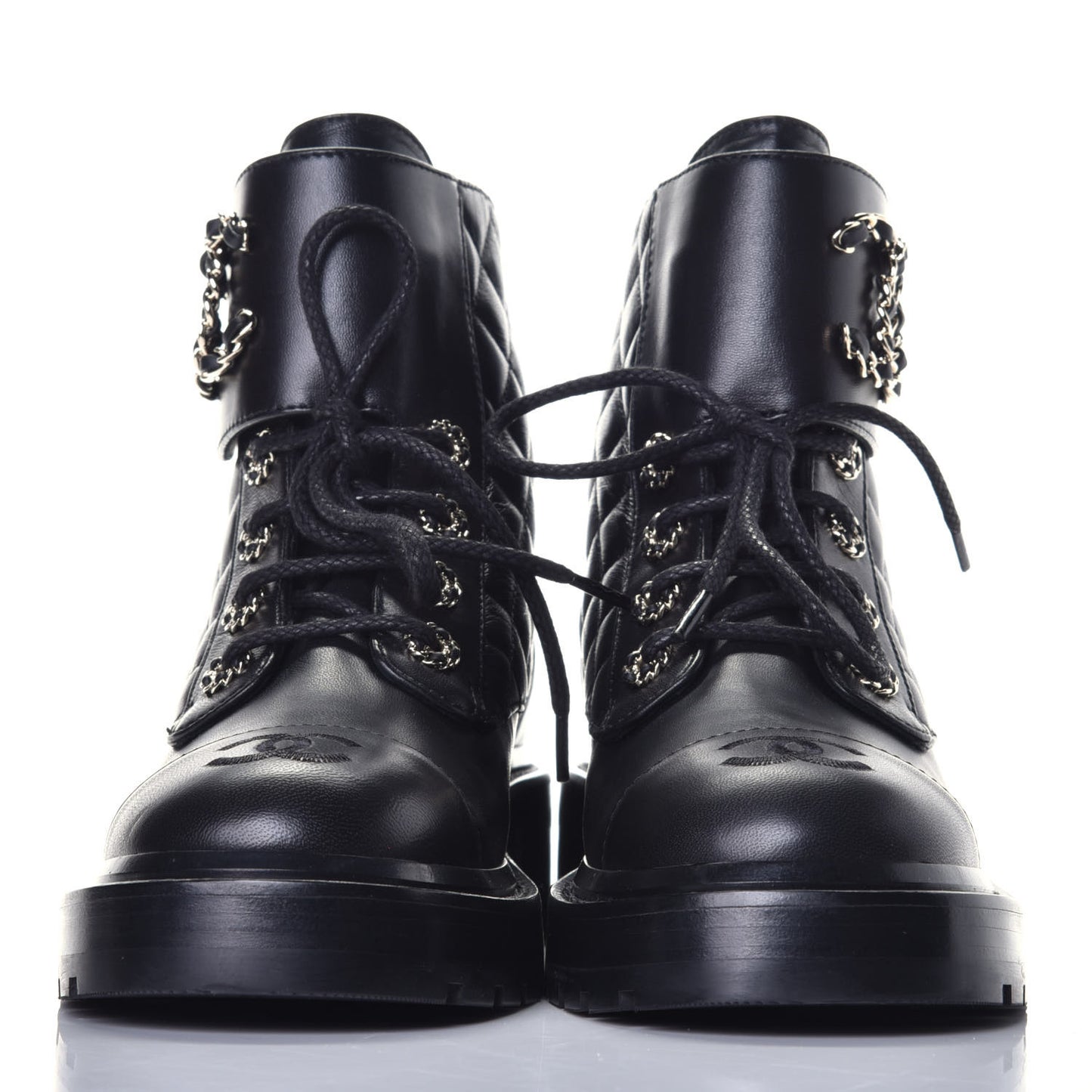 Shiny Lambskin Quilted Lace Up Combat Boots 36 Black
