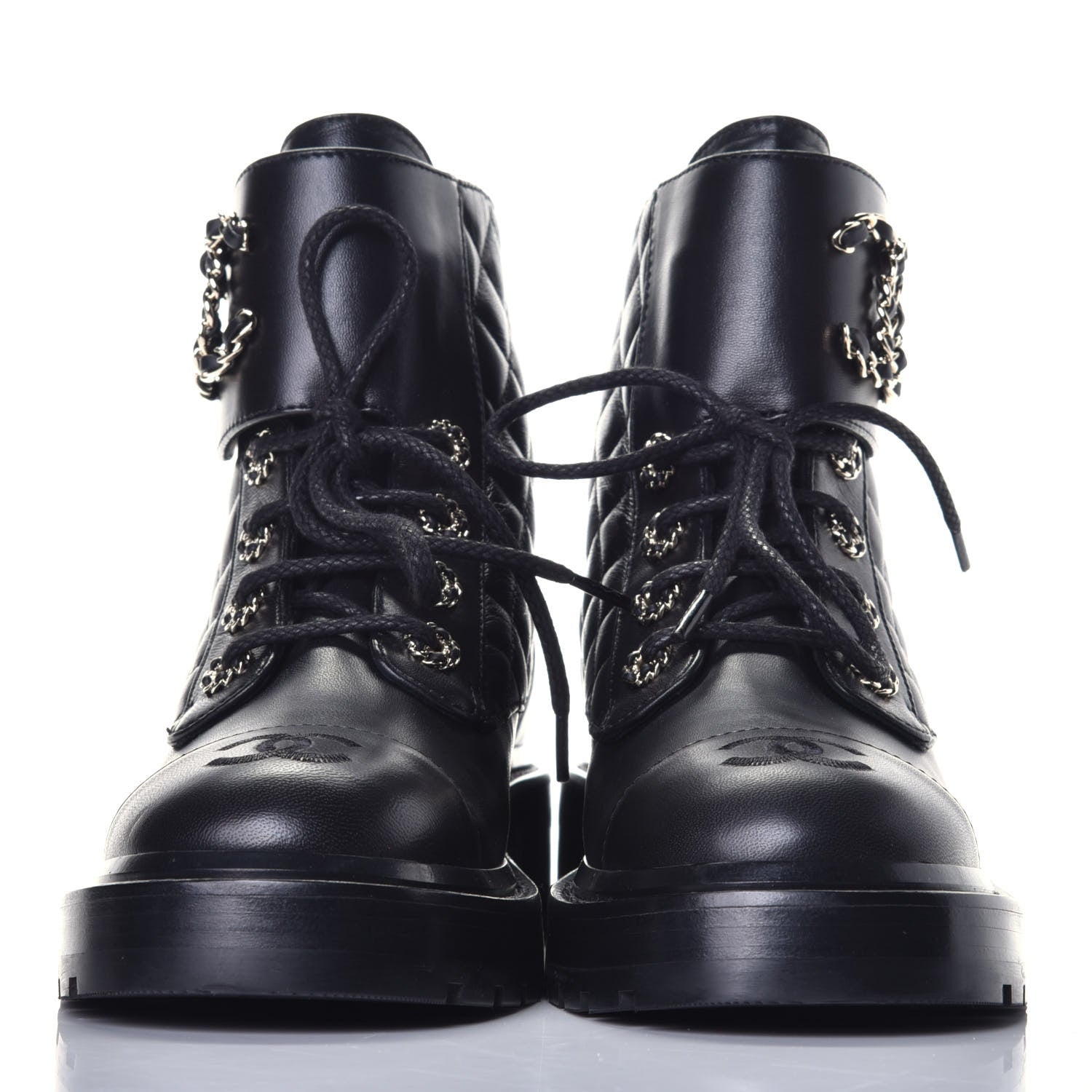 Chanel Shiny Lambskin Quilted Lace Up Combat Boots 36 Black 2 of 9
