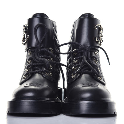 Chanel Shiny Lambskin Quilted Lace Up Combat Boots 36 Black 2 of 9