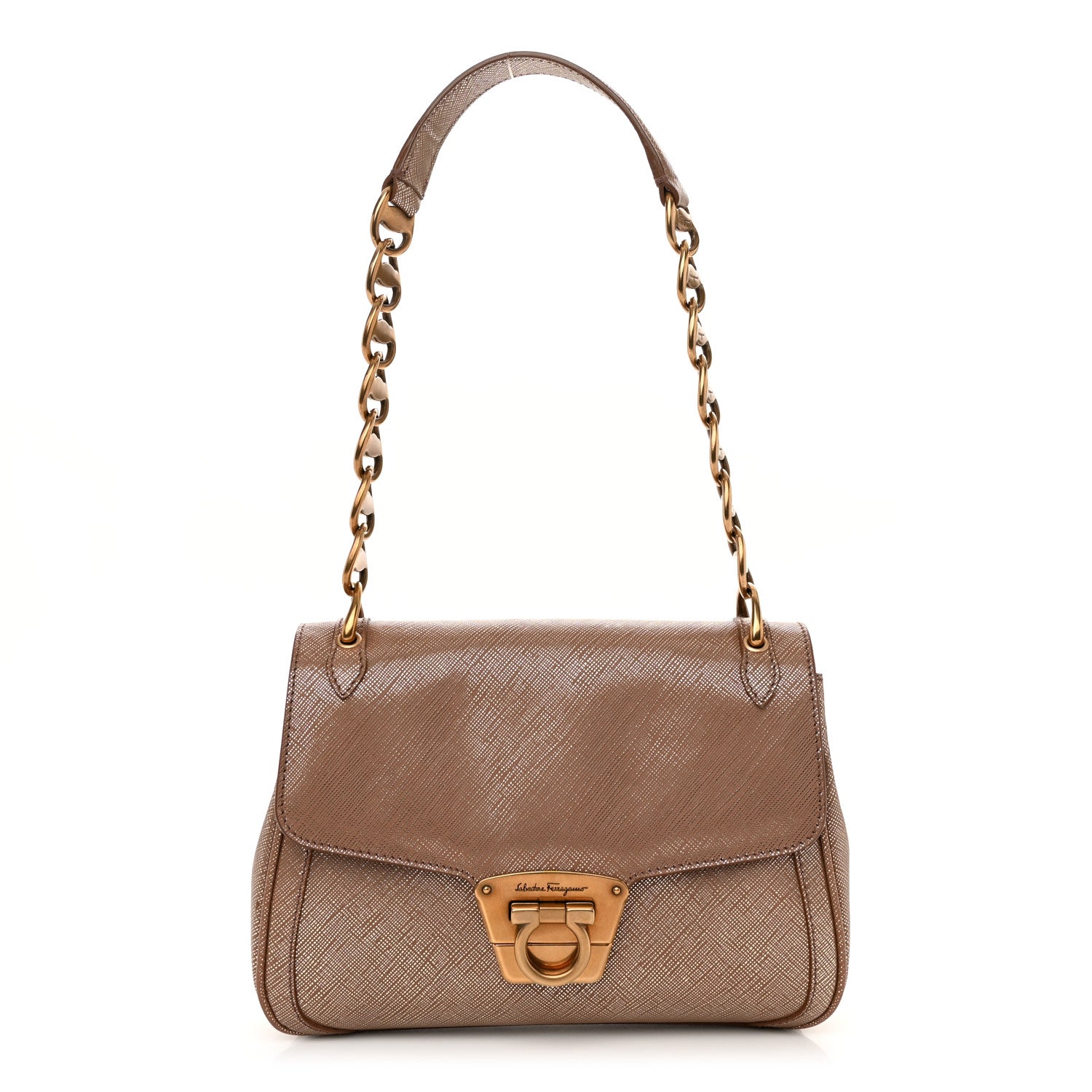 Salvatore Ferragamo Metallic Hammered Calfskin Gancini Chain Shoulder Bag Brown 1 of 11