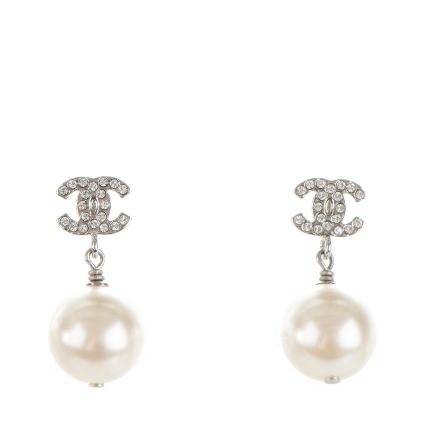 Crystal Pearl CC Drop Earrings Silver
