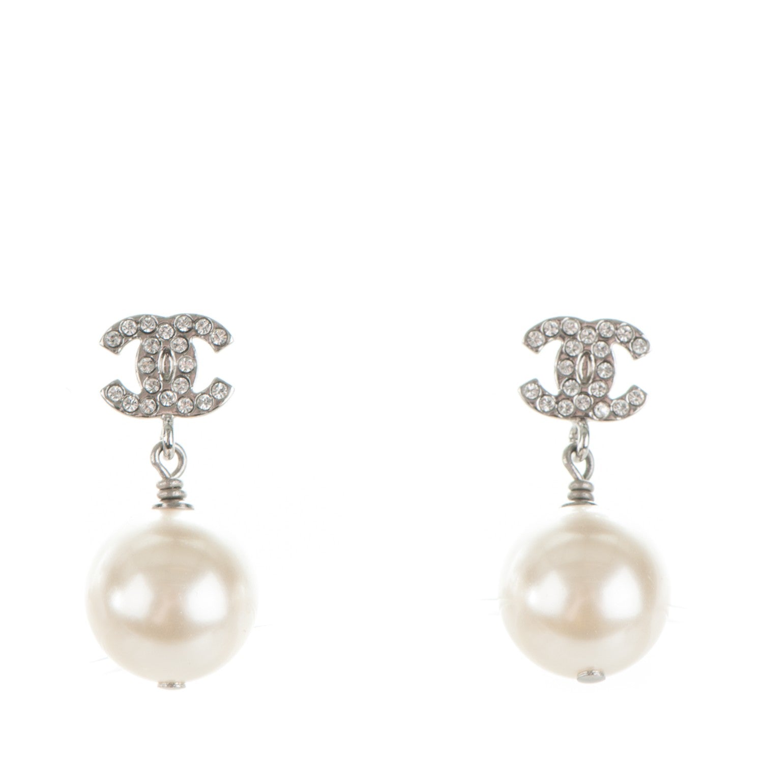 Chanel Crystal Pearl CC Drop Earrings Silver 1 of 5