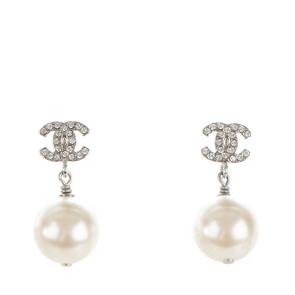 Chanel Crystal Pearl CC Drop Earrings Silver 1 of 5