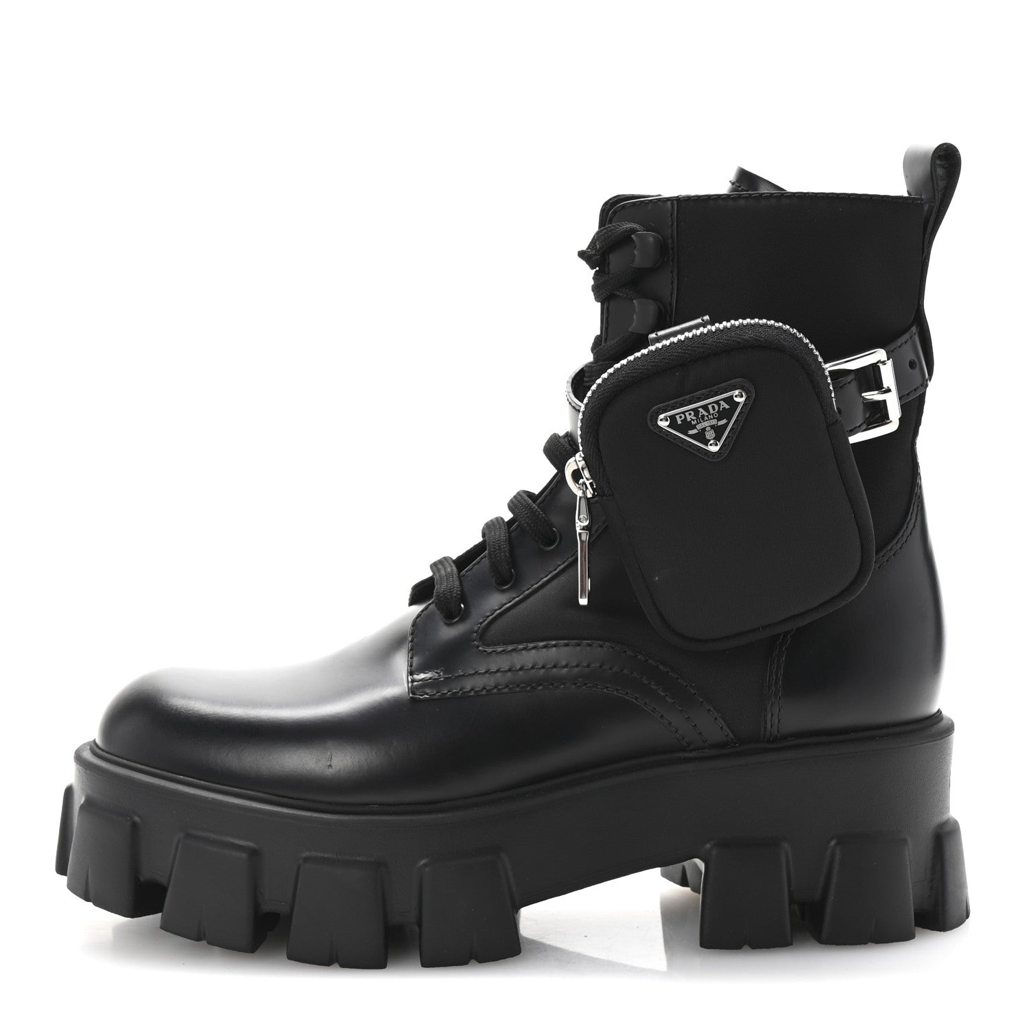 Prada Spazzolato Rois Re-Nylon Metal Triangle Logo Monolith Pouch Pocket 55mm Boots 38.5 Black 1 of 9