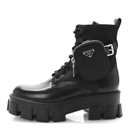 Prada Spazzolato Rois Re-Nylon Metal Triangle Logo Monolith Pouch Pocket 55mm Boots 38.5 Black 1 of 9