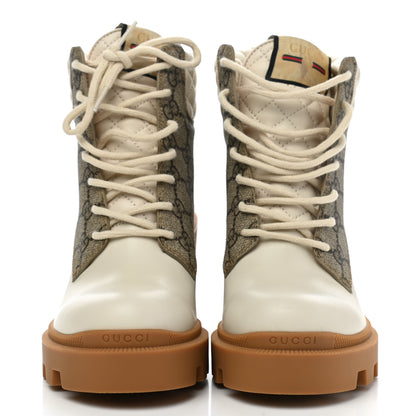 Gucci Calfskin GG Supreme Monogram Nappa Quilted Lace Up Ankle Boots 38 Mystic White Beige 2 of 10