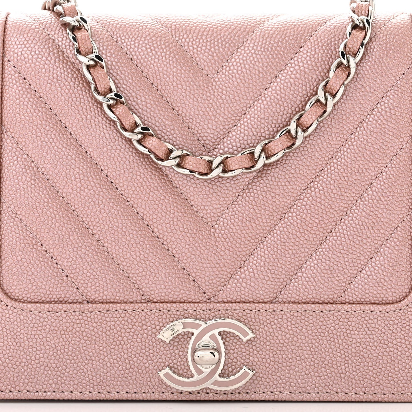 Metallic Caviar Chevron Quilted Vintage Mademoiselle Wallet On Chain WOC Pink