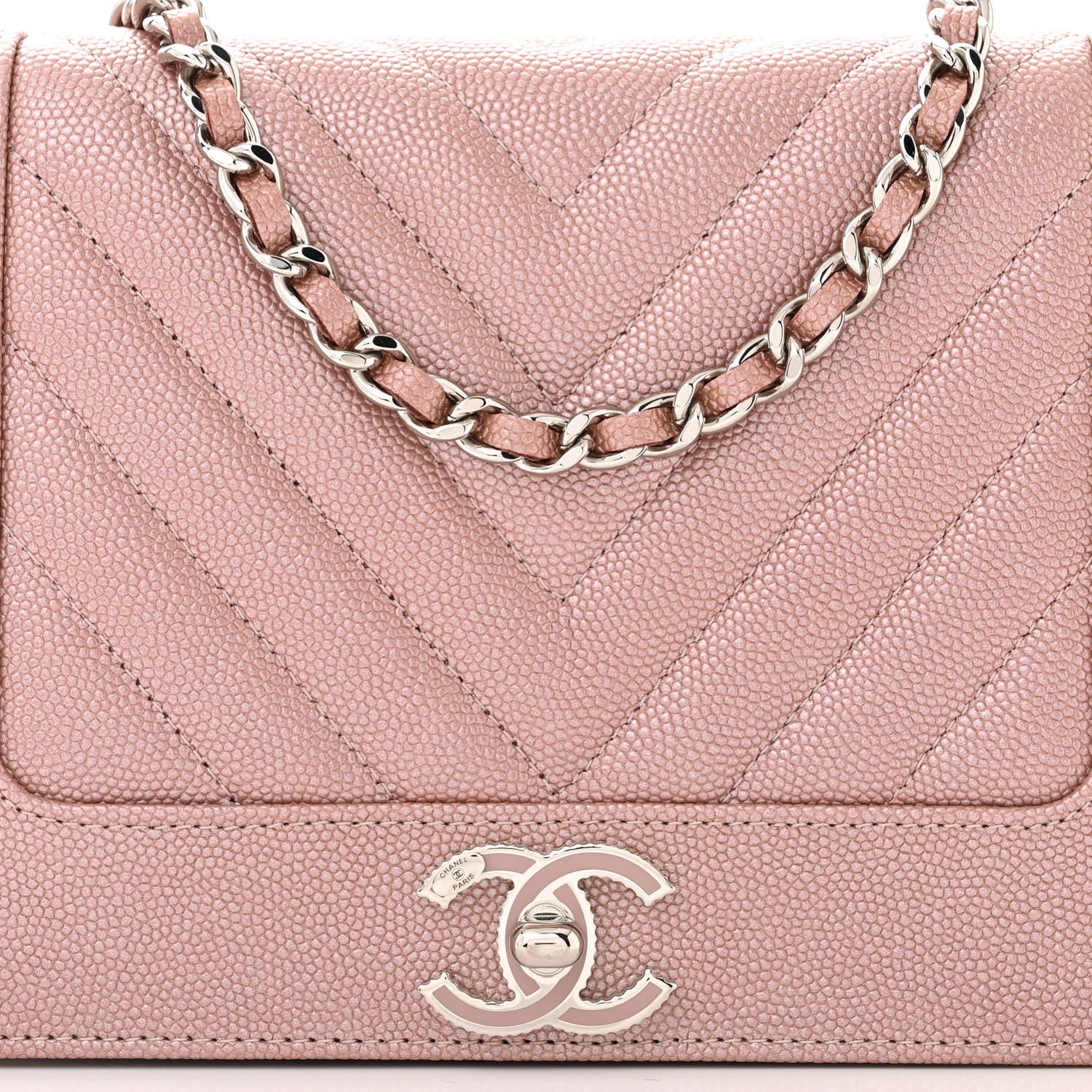Chanel Metallic Caviar Chevron Quilted Vintage Mademoiselle Wallet On Chain WOC Pink 9 of 12