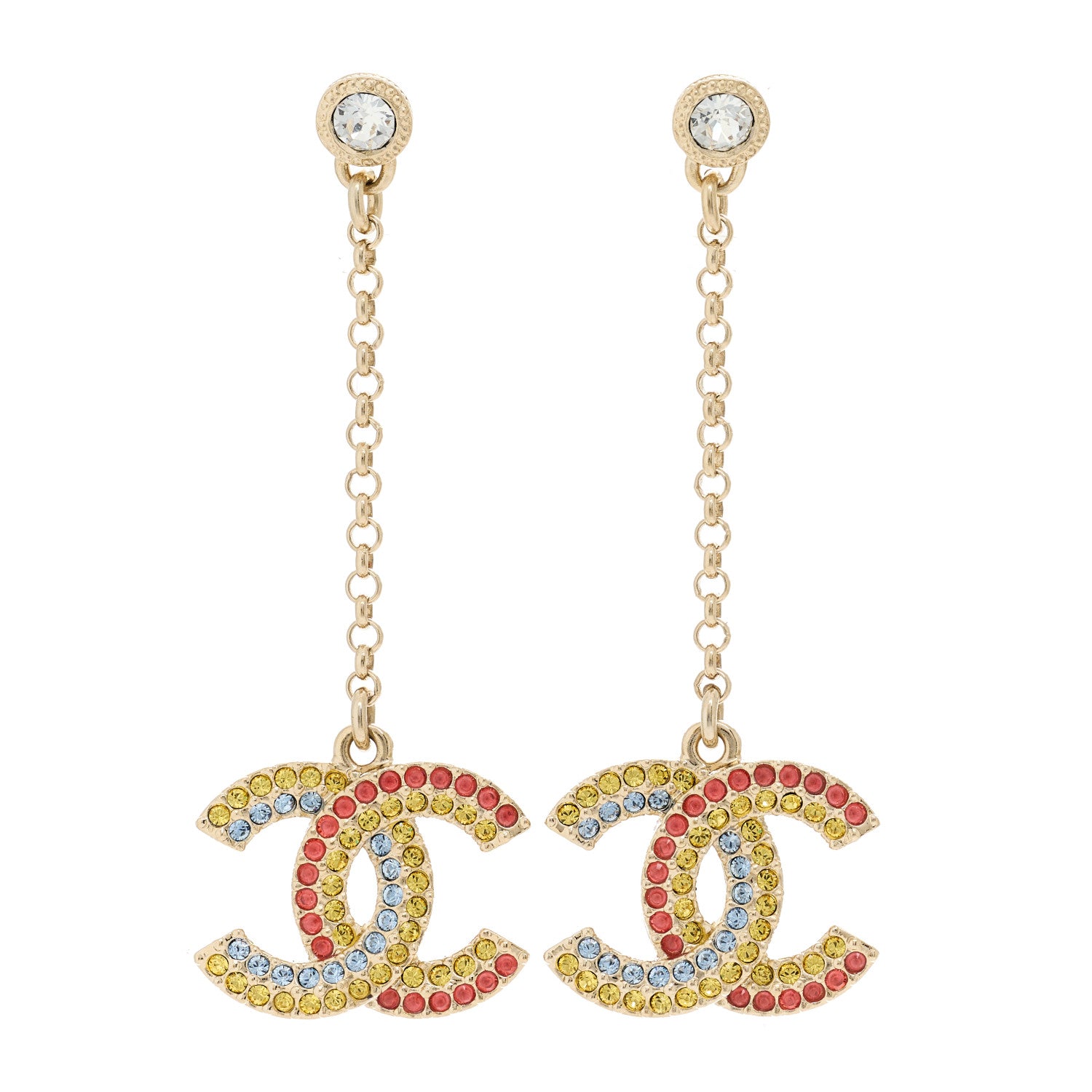 Chanel Crystal CC Drop Earrings Gold Multicolor 1 of 5