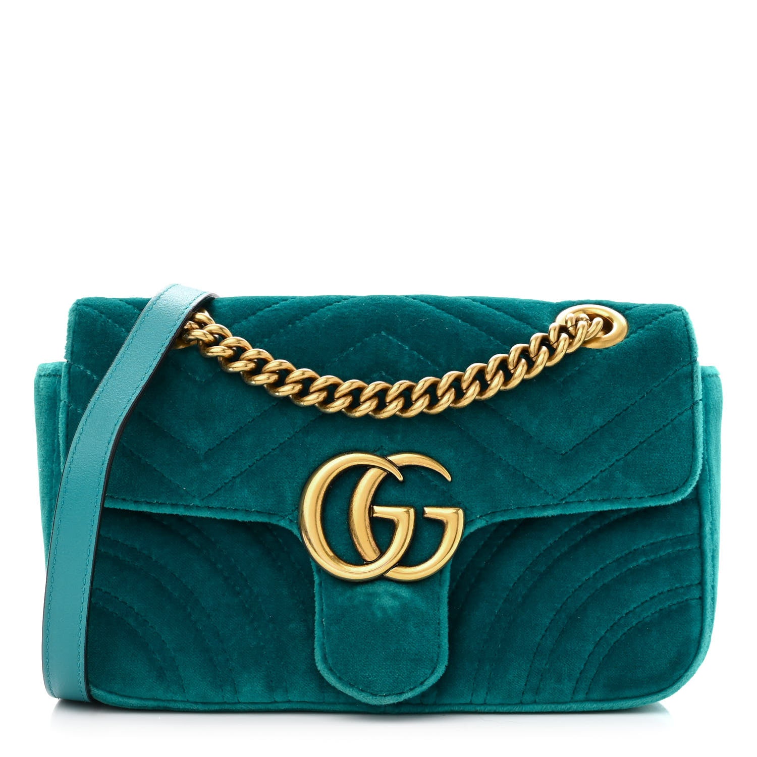 Gucci Velvet Matelasse Mini GG Marmont Shoulder Bag Pavone Cyan 1 of 11