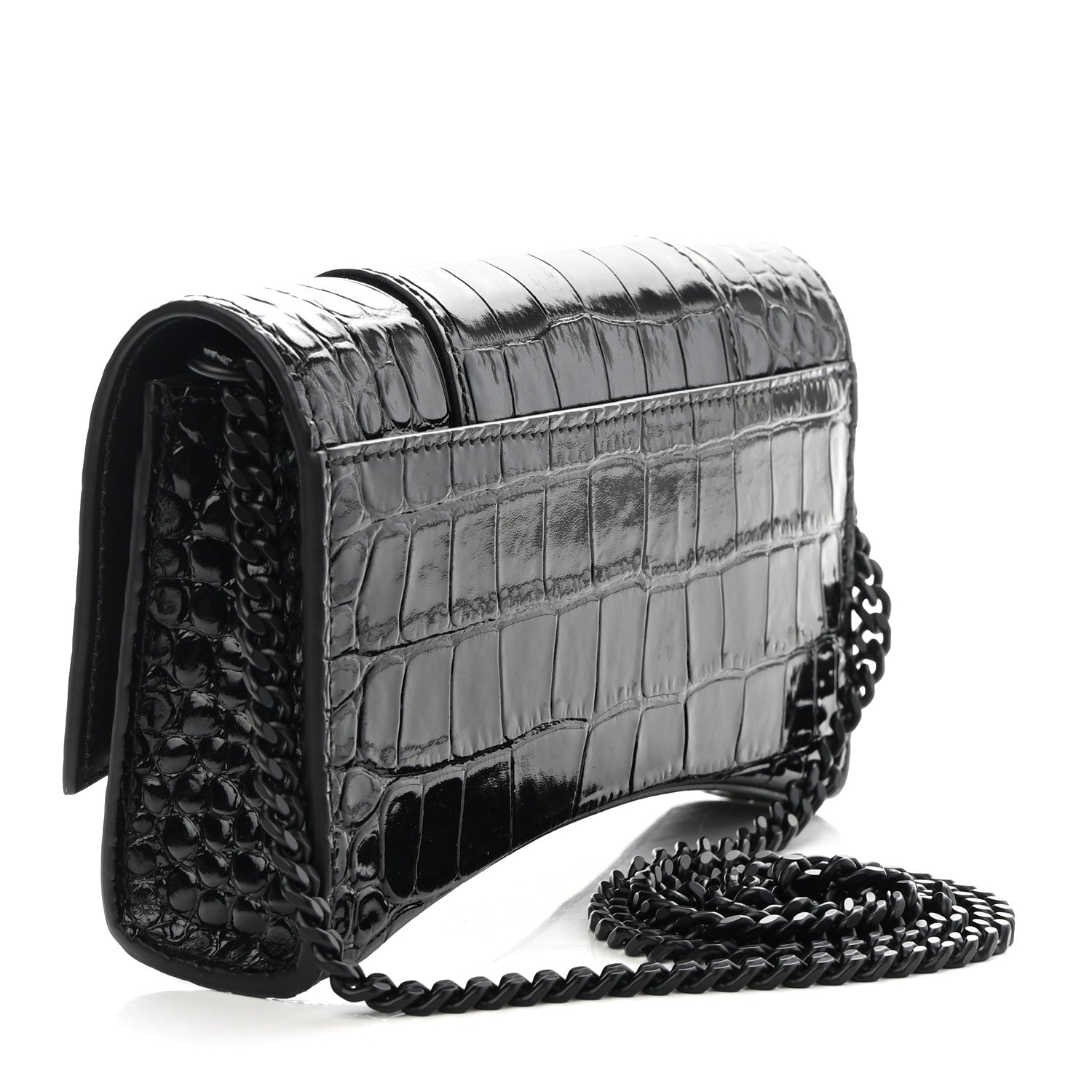 Balenciaga Shiny Calfskin Monochrome Crocodile Embossed Hourglass Chain Bag Black 3 of 8