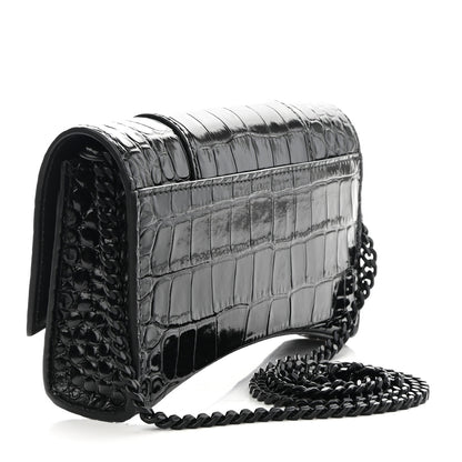 Balenciaga Shiny Calfskin Monochrome Crocodile Embossed Hourglass Chain Bag Black 3 of 8