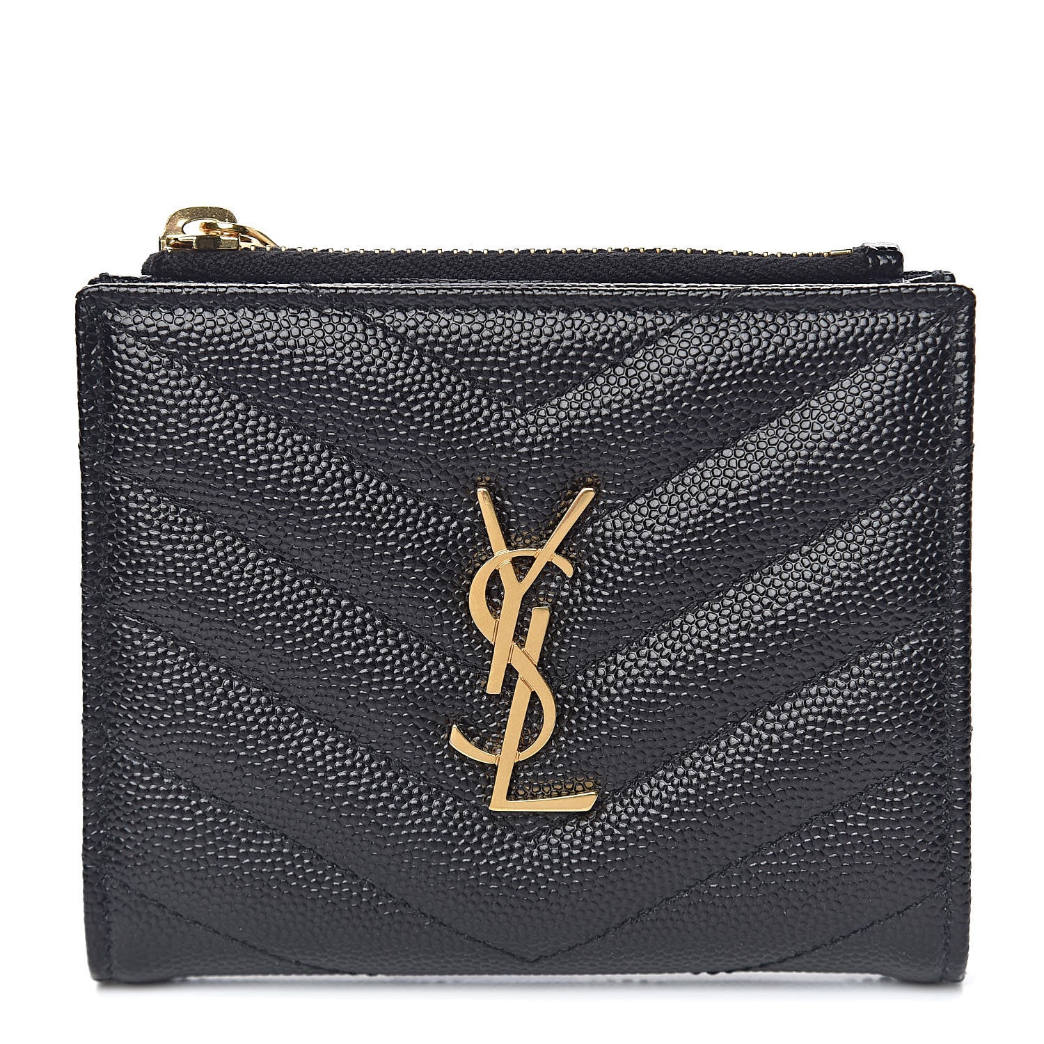 Saint Laurent Grain De Poudre Matelasse Chevron Monogram Zipped Card Case Black 1 of 8