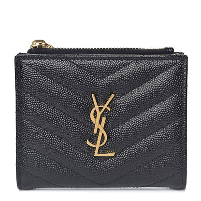 Saint Laurent Grain De Poudre Matelasse Chevron Monogram Zipped Card Case Black 1 of 8