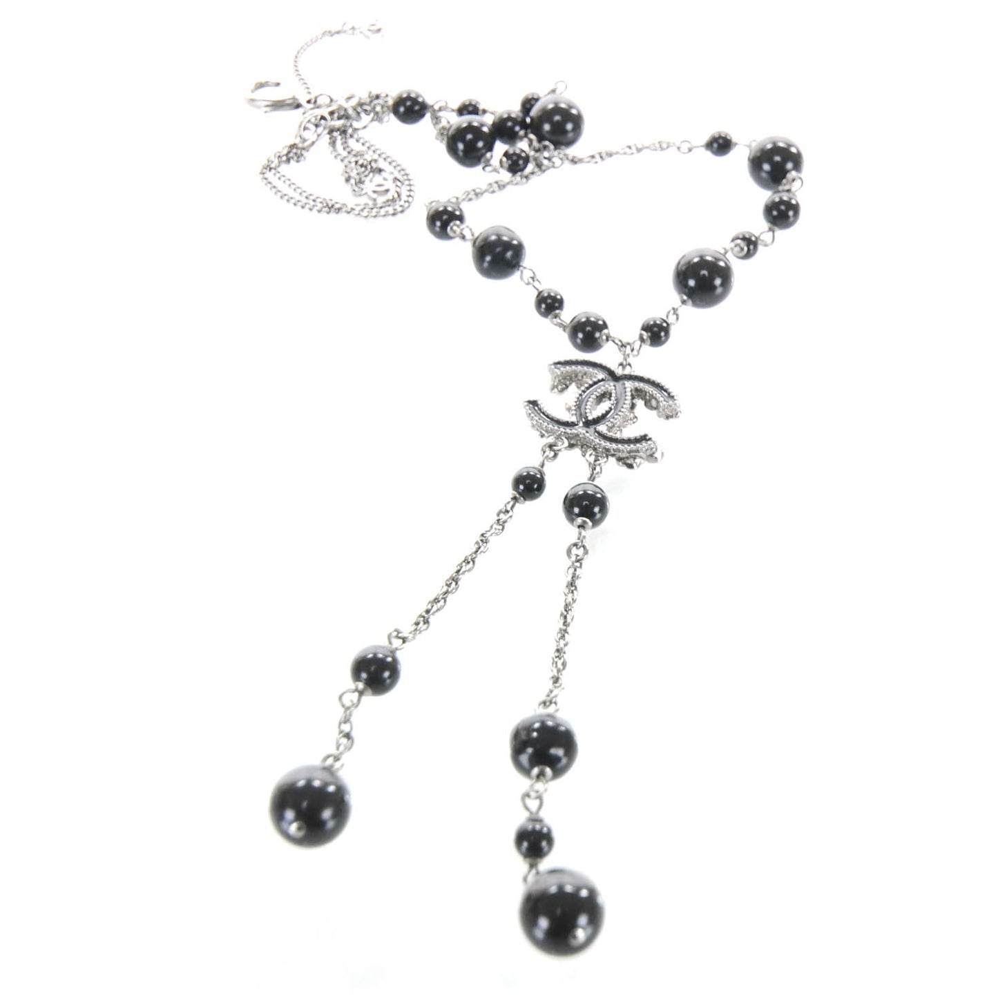Beaded Camellia Crystal Pearl CC Necklace Black