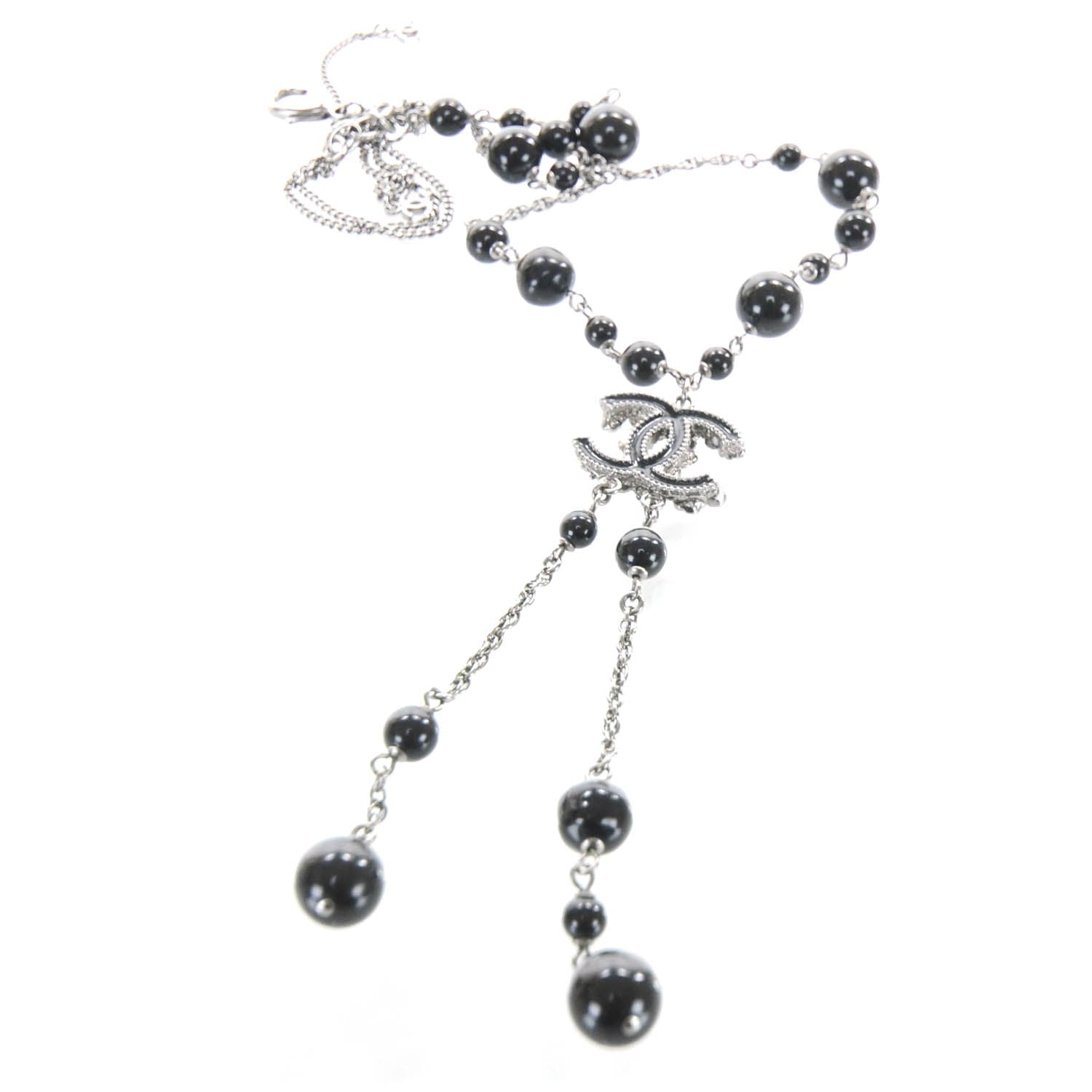 Chanel Beaded Camellia Crystal Pearl CC Necklace Black 6 of 6
