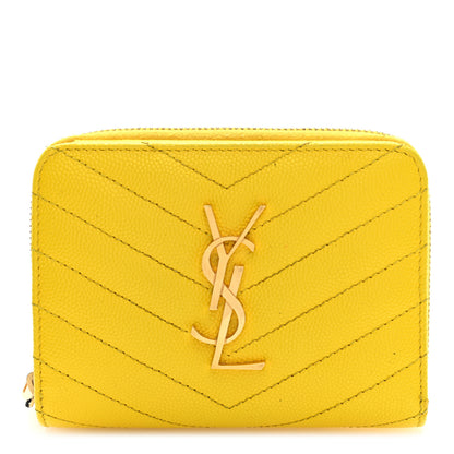 Saint Laurent Grain De Poudre Matelasse Chevron Monogram Compact Zip Around Wallet Mimosa Shiny 1 of 7