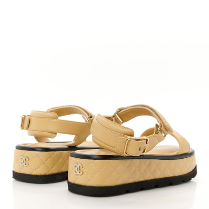 Chanel Lambskin Quilted Platform Sandals 38 Beige Black 4 of 9