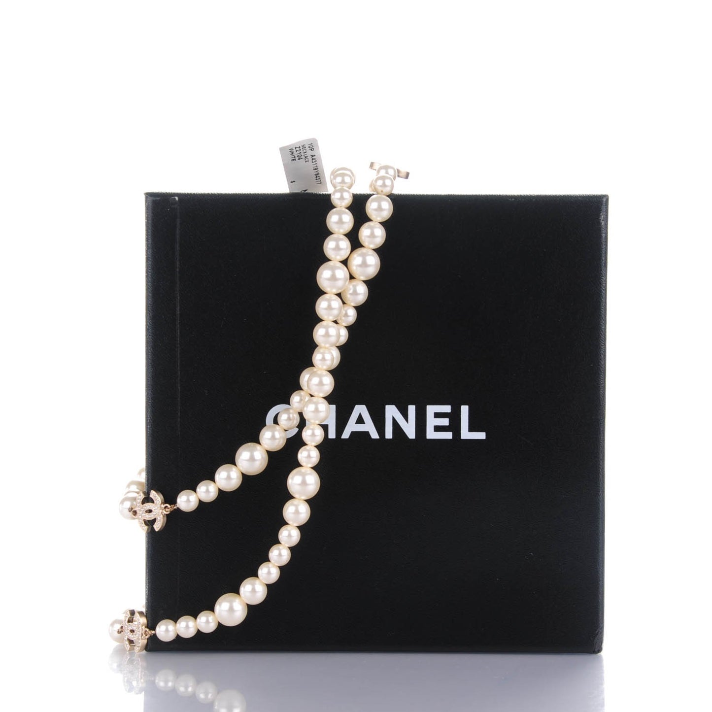 Graduated Pearl Crystal CC Long Necklace White