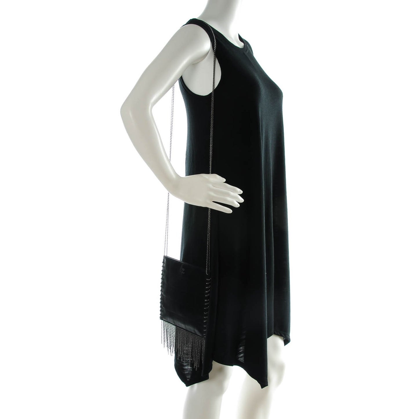Lambskin Square Stitched Chain Fringe Crossbody Black