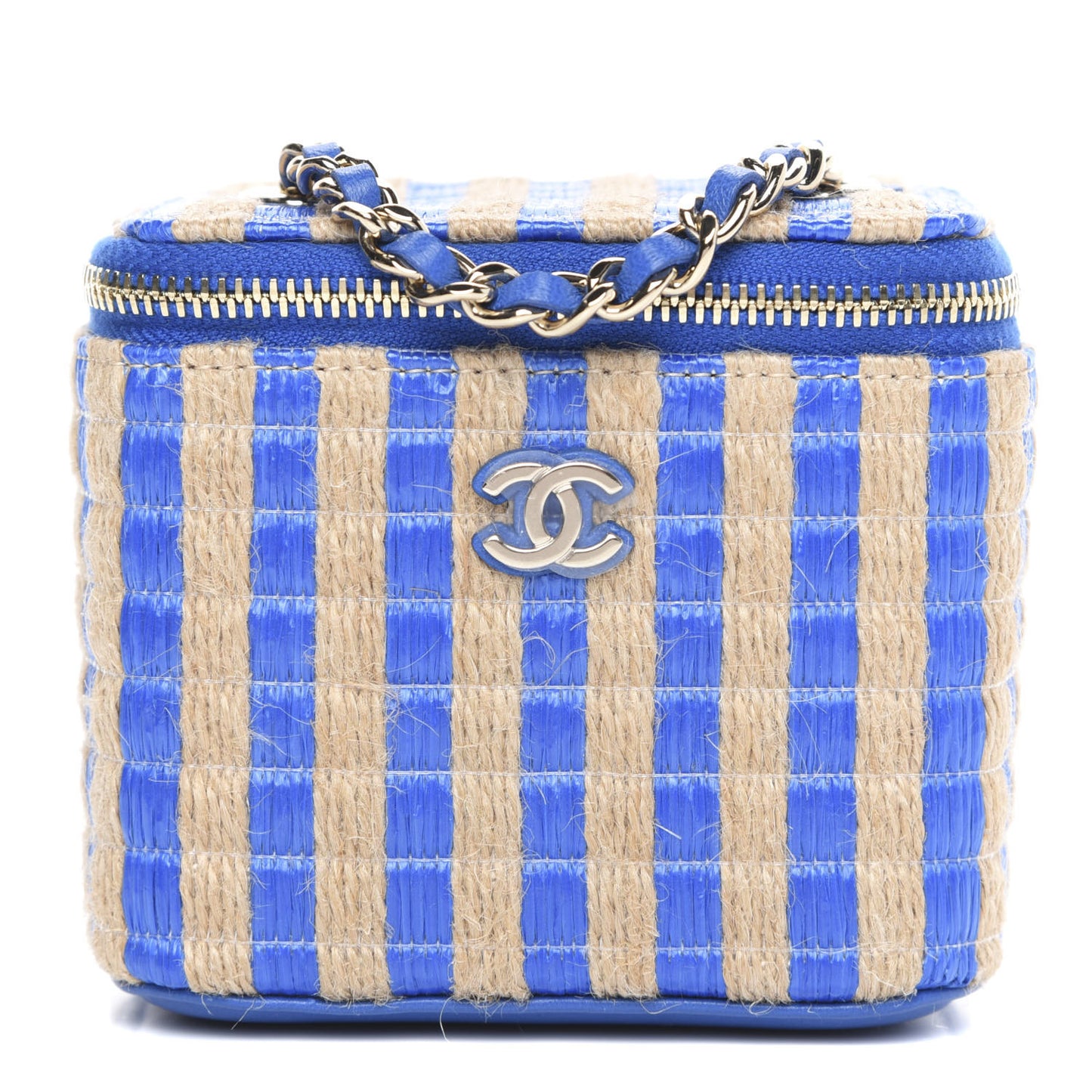 Raffia Jute Striped Mini Vanity Case With Chain Blue Beige