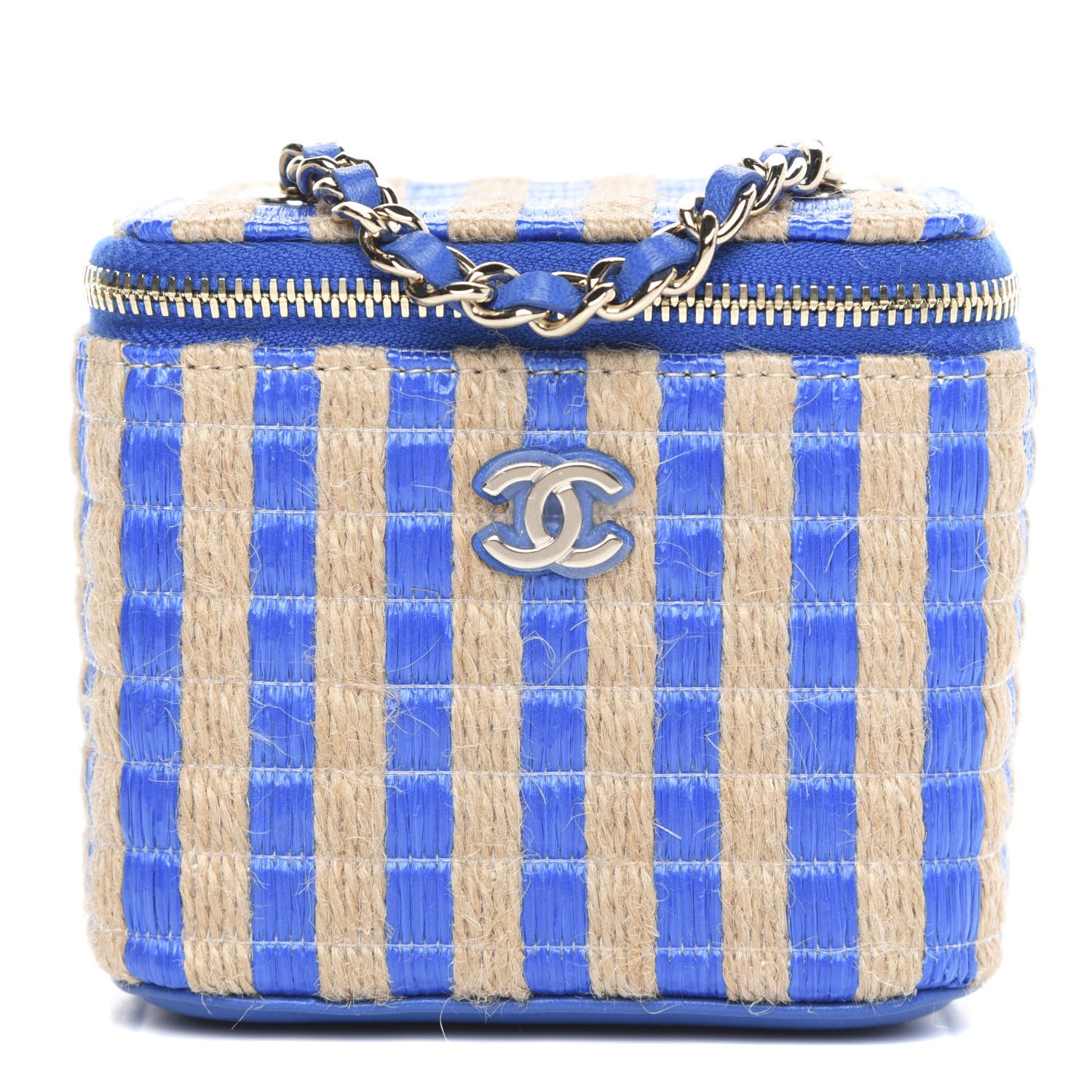 Chanel Raffia Jute Striped Mini Vanity Case With Chain Blue Beige 1 of 10