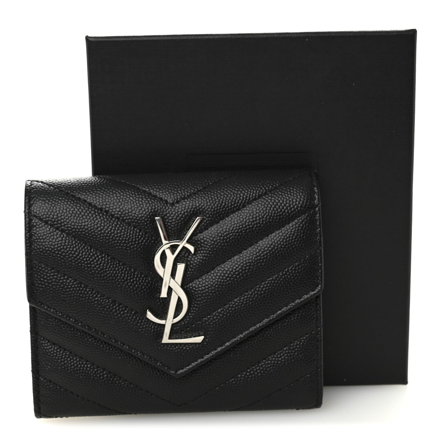 Grain De Poudre Matelasse Chevron Monogram Compact Tri Fold Wallet Black