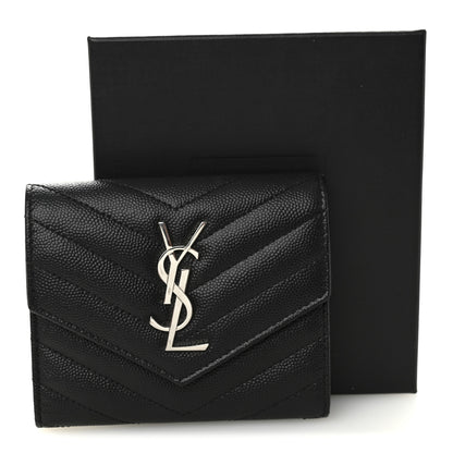 Saint Laurent Grain De Poudre Matelasse Chevron Monogram Compact Tri Fold Wallet Black 7 of 7