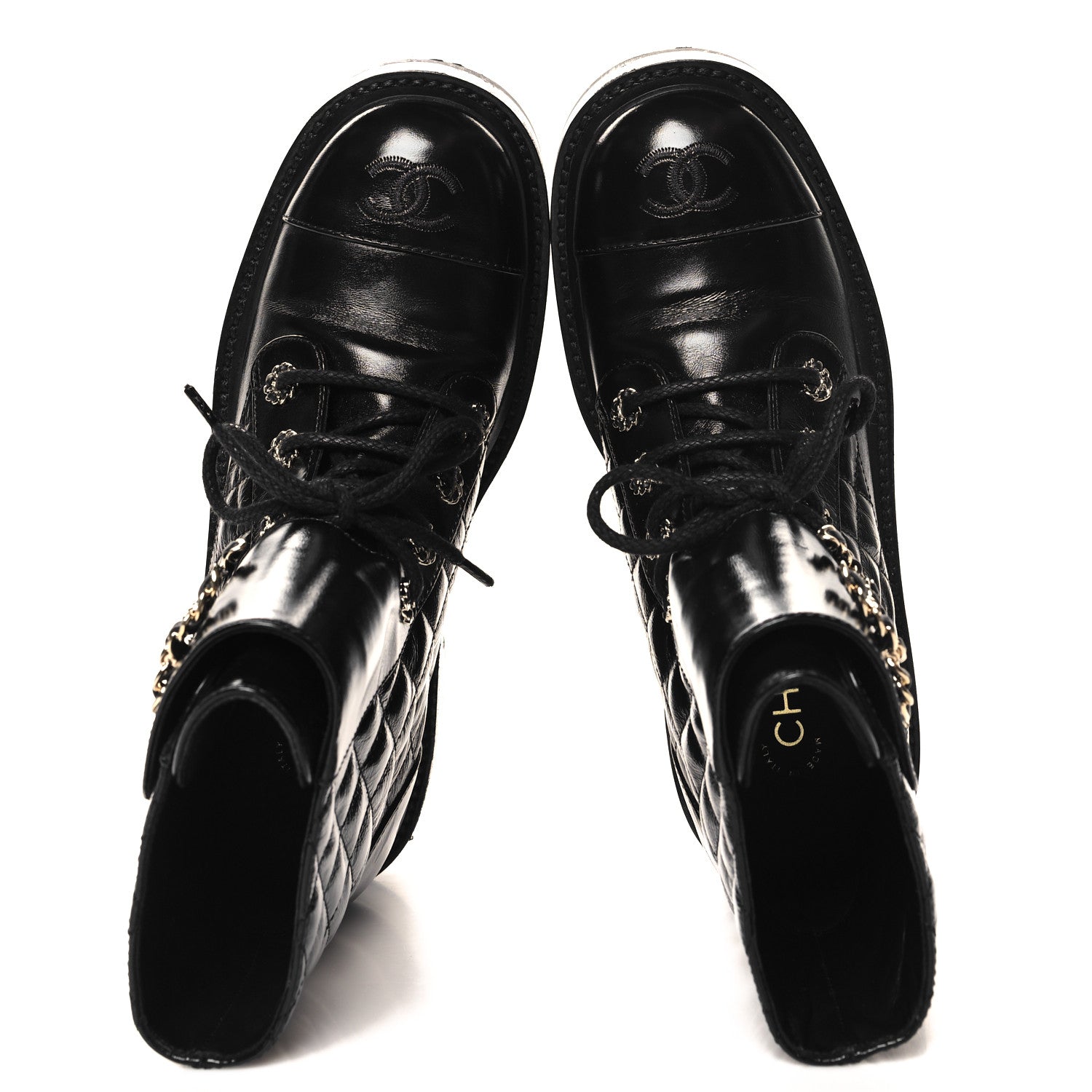 Chanel Shiny Goatskin Calfskin Quilted Lace Up Combat Boots 38 Black 2 of 8