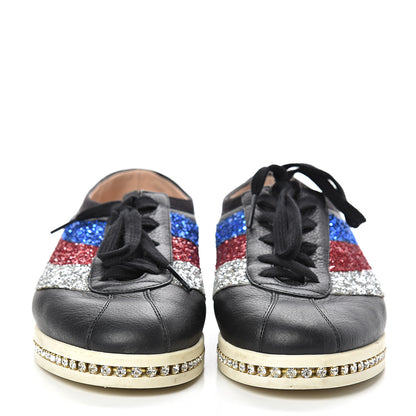 Gucci Calfskin Glitter Crystal Womens Sylvie Web Falacer Sneakers 39.5 Black 2 of 15