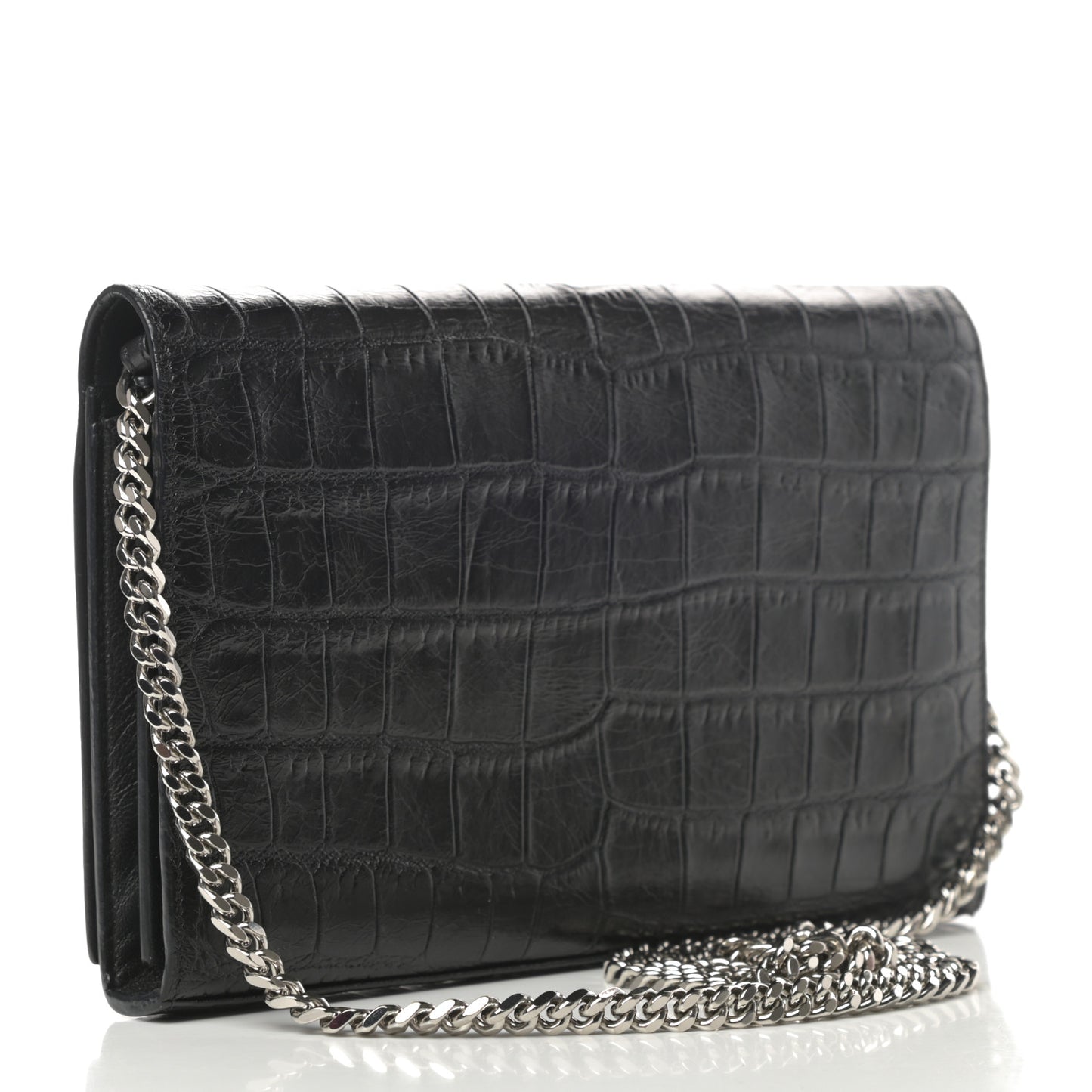 Calfskin Crocodile Embossed Monogram Chain Wallet Black