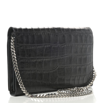 Saint Laurent Calfskin Crocodile Embossed Monogram Chain Wallet Black 3 of 14