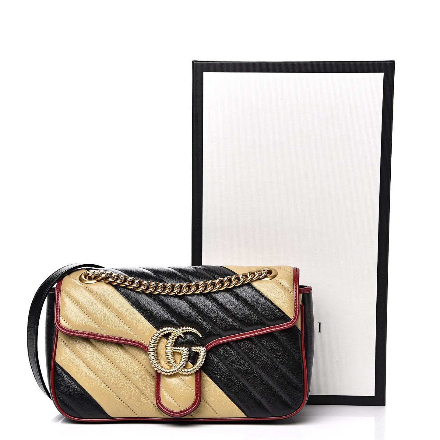 Vintage Effect Calfskin Matelasse Diagonal Striped Small Torchon GG Marmont Shoulder Bag Black Beige