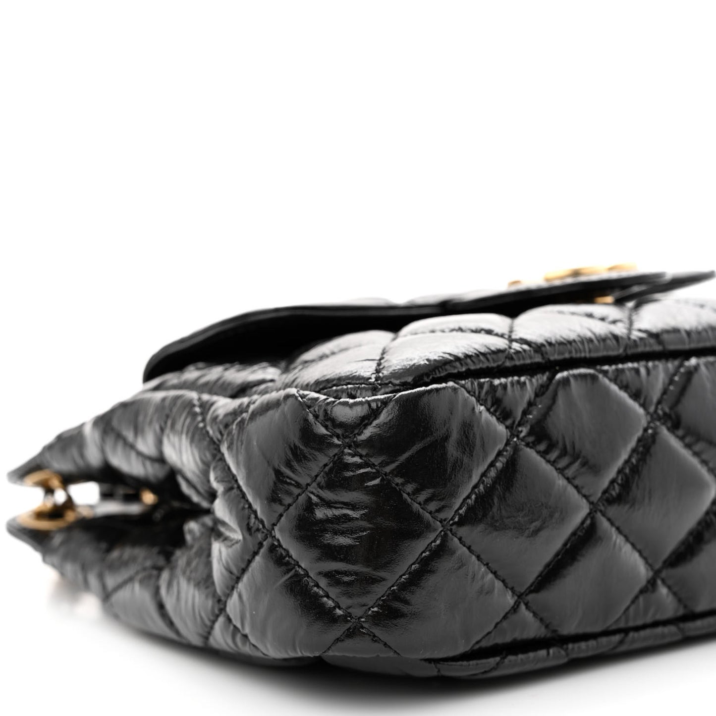 Shiny Crumpled Calfskin Quilted Small Wavy CC Hobo Black
